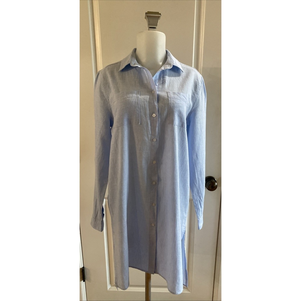 Saks Fifth Avenue Linen Blend Shirt Dress Blue Button‎ Down Size Small